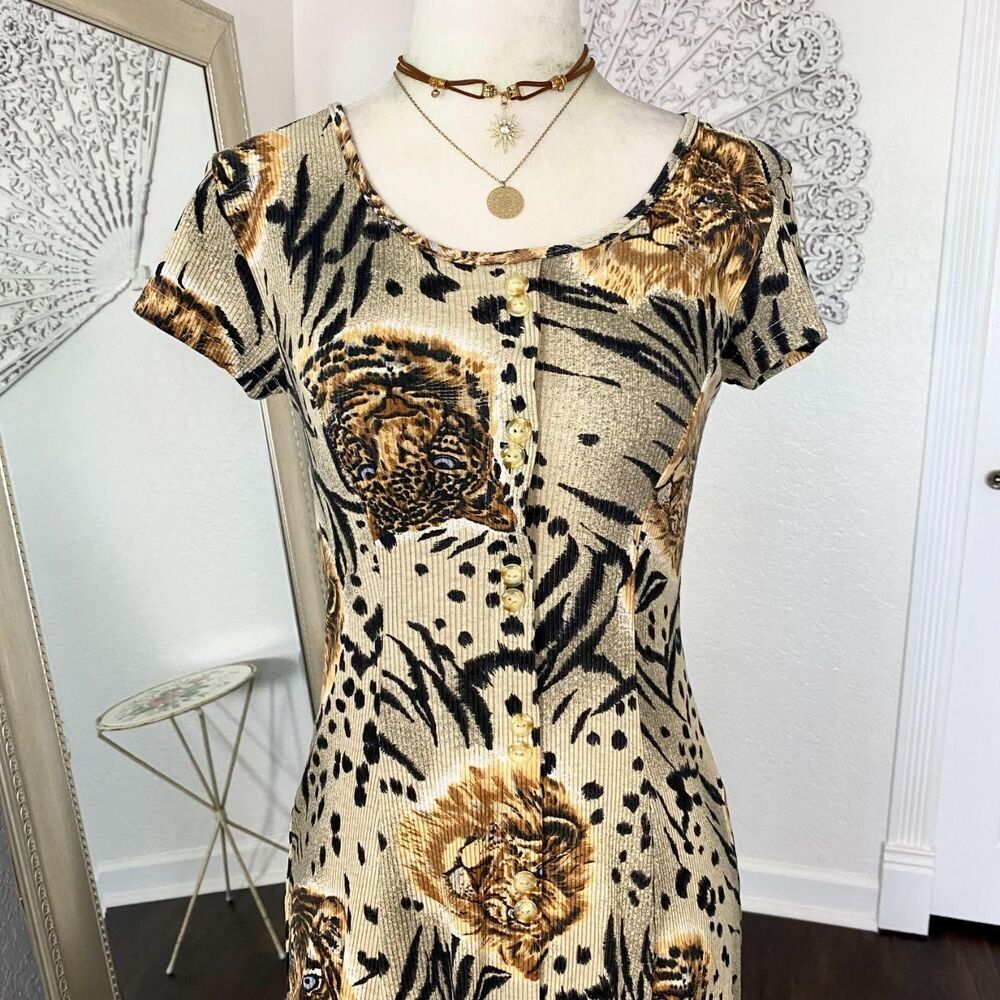 Vintage La Fete Ribbed Button Front Midi Dress Lion Tiger Portrait Print S - Picture 2 of 8
